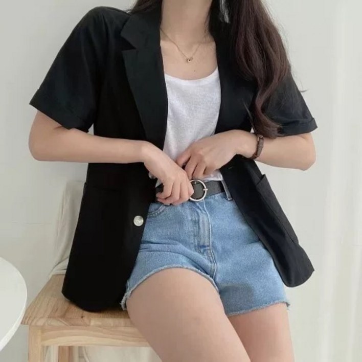 패션고리 여성 여름 캐주얼 투버튼 반팔자켓 HY21