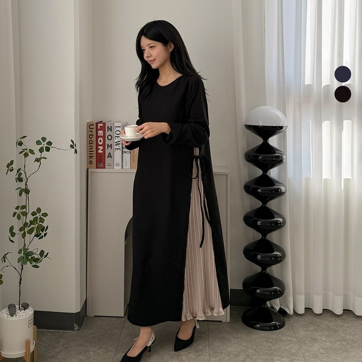 디테일웨어 여성 하이 플리츠 주름 롱원피스 스트랩 빅사이즈 임부복 간절기 링클프리 만삭 단정한 원피스 하객룩