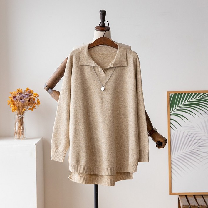 코코세븐 여성 빅사이즈 오픈 브이넥 트임 언발 카라넥 비스코스 니트 카라티