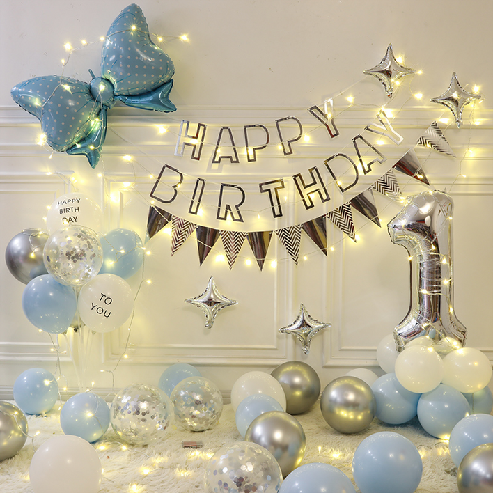 파티샵 생일 풍선 세트5m전구,손펌프,풍선꽂이포함 숫자 변경 가능, .블루리본실버별전구