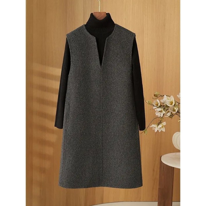 COSYEVNO 모직 나시 원피스 루즈핏 통근 패션 빅사이즈 여성 겨울 민소매 미디 스커트