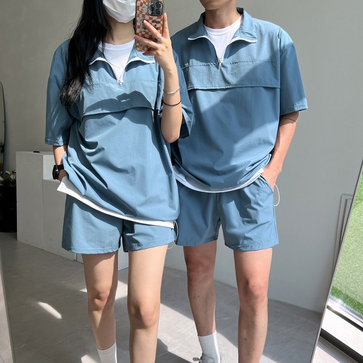 [얼로우]윈드 반집업 반팔 아노락 세트 여름 트레이닝 셋업 반바지 숏팬츠 남여공용 커플룩 시밀러룩