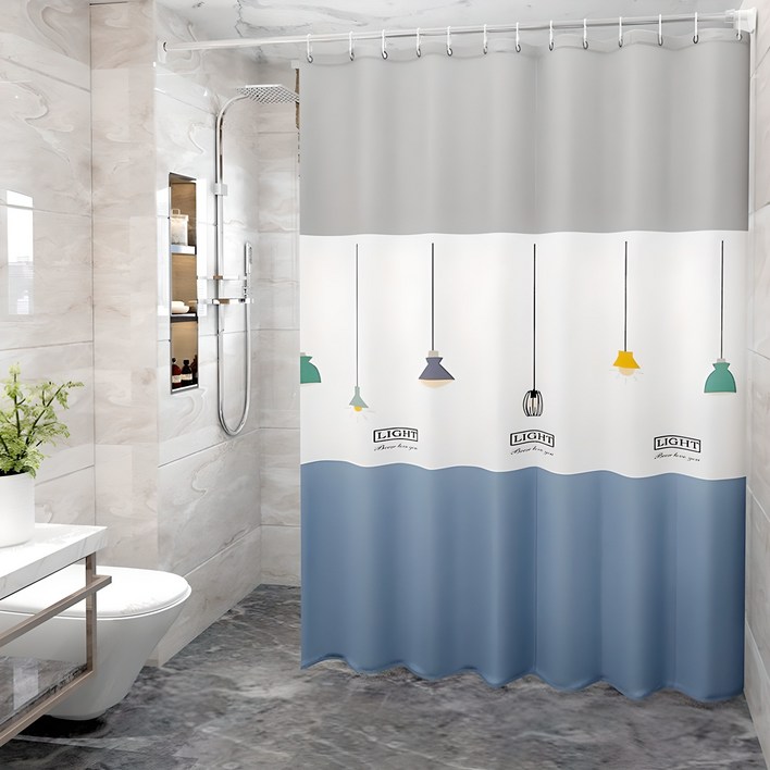 프리미엄 PEVA 샤워커튼 180x180 커튼링포함 방수커튼 욕실커튼, 전등