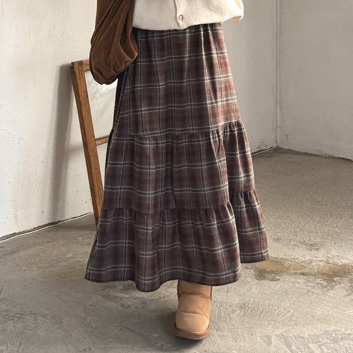 로로텐 체크 캉캉 셔링 밴딩 롱 스커트 A라인 여성 빅사이즈