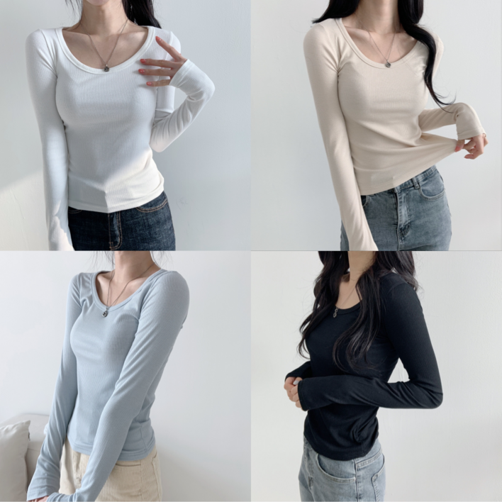 라몬즈베이직 슬림 유넥 골지 티셔츠 긴팔