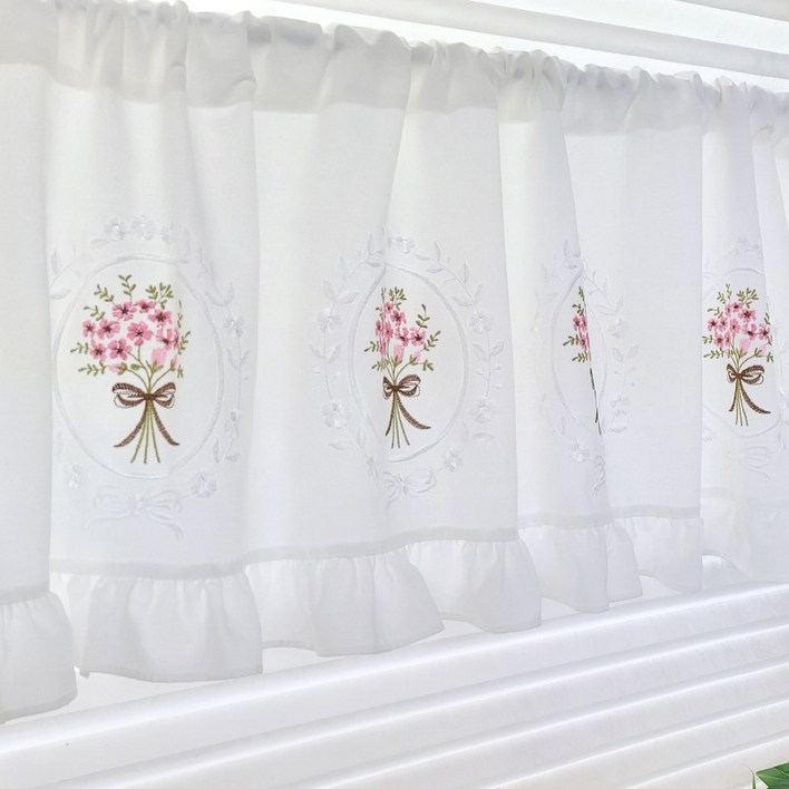 리빙데코 꽃다발 프릴 자수광목 주방바란스커튼150