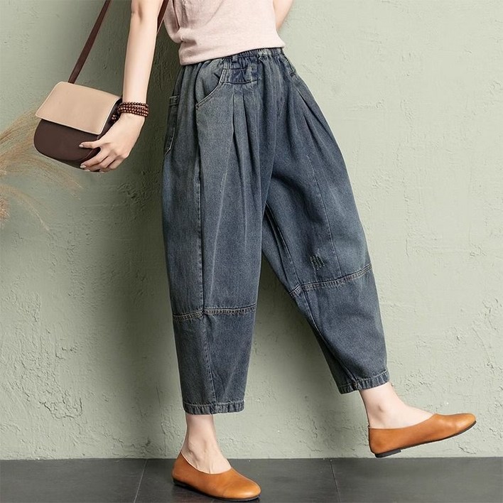 타임퓨어 여성 배기청바지 빅사이즈 밴딩 데님 팬츠 항아리 밴딩  청 바지 여자 와이드청바지데님 루즈핏 배기팬츠 스판 오버핏바지
