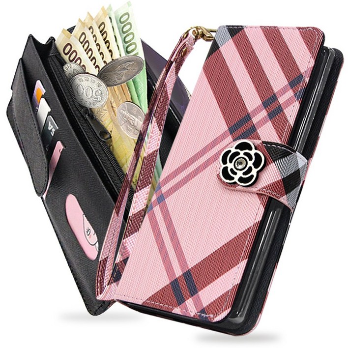 버킨체크MB 레더 지퍼 지갑형 다이어리 핸드폰케이스  손목 줄 스트랩 최신기종지원