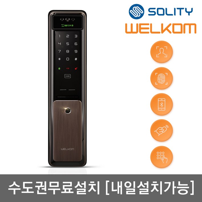 [수도권설치-내일도 가능] 솔리티 웰콤 신제품 얼굴안면인식 푸시풀도어록 WSP-2900A 카드키2개+번호키 블루투스(옵션) AI딥러닝기술 얼굴인식100개 현관문 디지털도어락 푸쉬풀, 웰콤 WSP-2900A, 방문설치