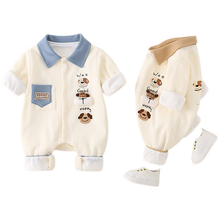 하방방 신생아 순면 귀여운강아지 해피퍼피 배색 포켓 우주복
