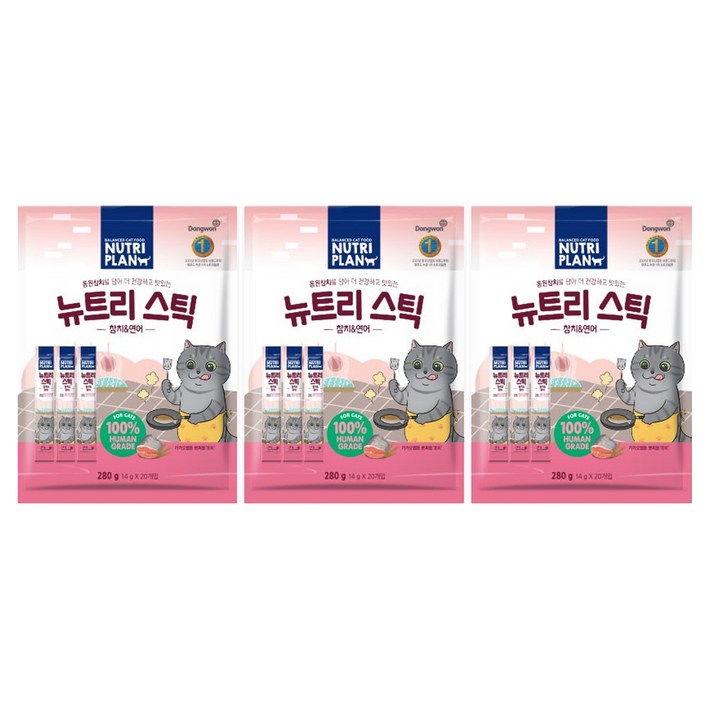 동원뉴트리플랜 고양이 뉴트리스틱 파우치, 혼합맛(참치/연어), 280g, 3개
