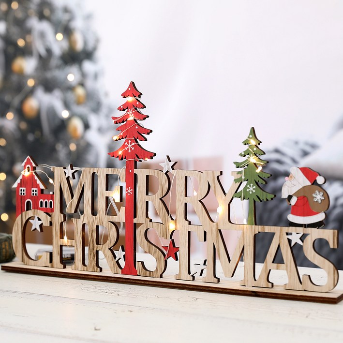 행복한마을 크리스마스 데코소품 크리스마스우드 사인 + 받침 + 세무줄 + LED 전구, 혼합 색상 42152271