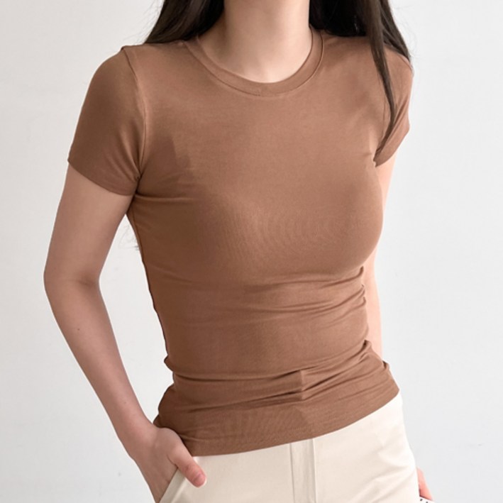 여성용 통기성 슬림 쫀쫀 스판 라운드 면 반팔 티셔츠
