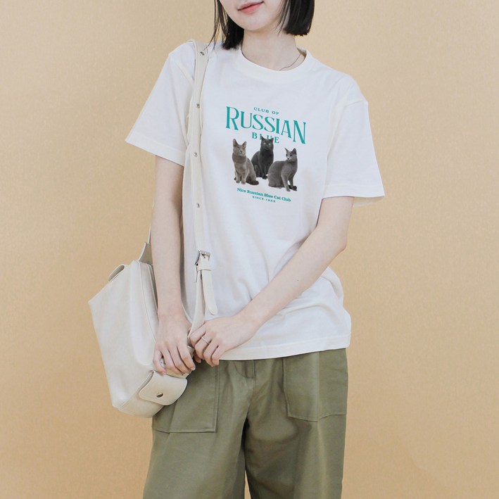 험블스튜디오 여성용 통기성 고양이 프린팅 17수 롱 라운드 반팔티 KK91085