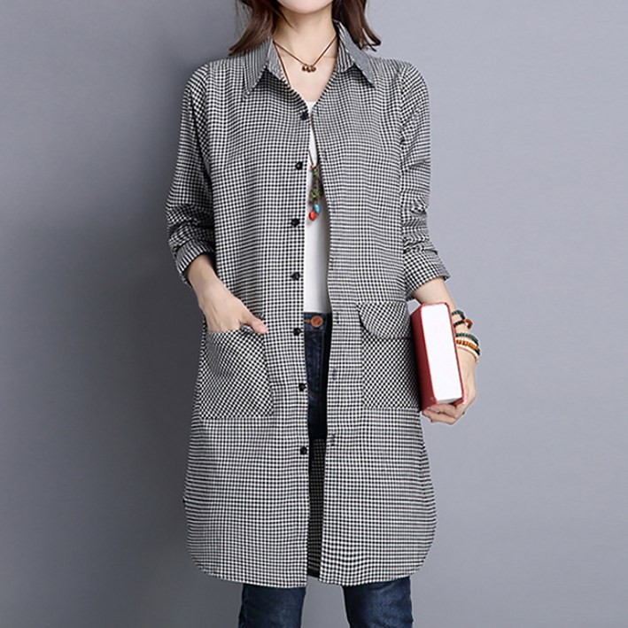 아뗄릭 여성용 렐라 빅사이즈 체크 패턴 롱 카라넥 셔츠 10508