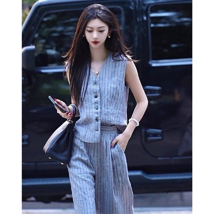 여름 여성 투피스 세트 브이넥 민소매 상의  와이드 바지 세트 캐주얼 여자 상하의 세트  YSQ