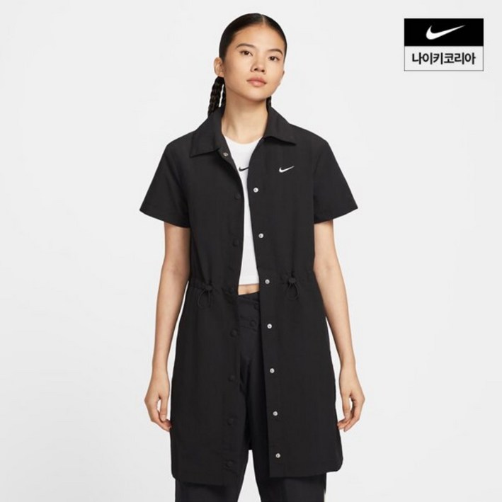 국내매장판 AS가능 나이키 여성 원피스 롱 가디건 활용 에브리씽 우븐 반팔 미니 드레스 블랙