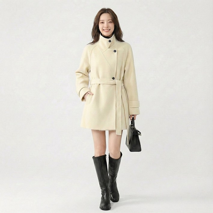 UPPERCUT 여성 스탠드카라 하프 코트 이중 넥카라