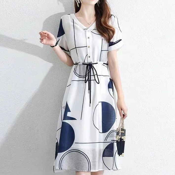 요모조모 2816 기하학 패턴 브이넥 캐쥬얼 원피스