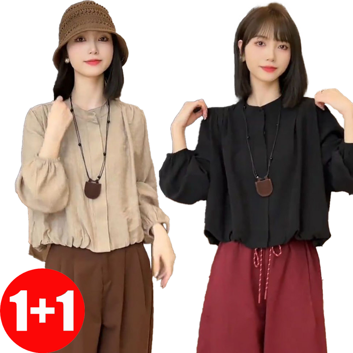 지고다그 1+1 여성 간절기 라운드넥 블라우스 긴팔 베이직 루즈핏 셔츠 체형커버 상의 GJX2750