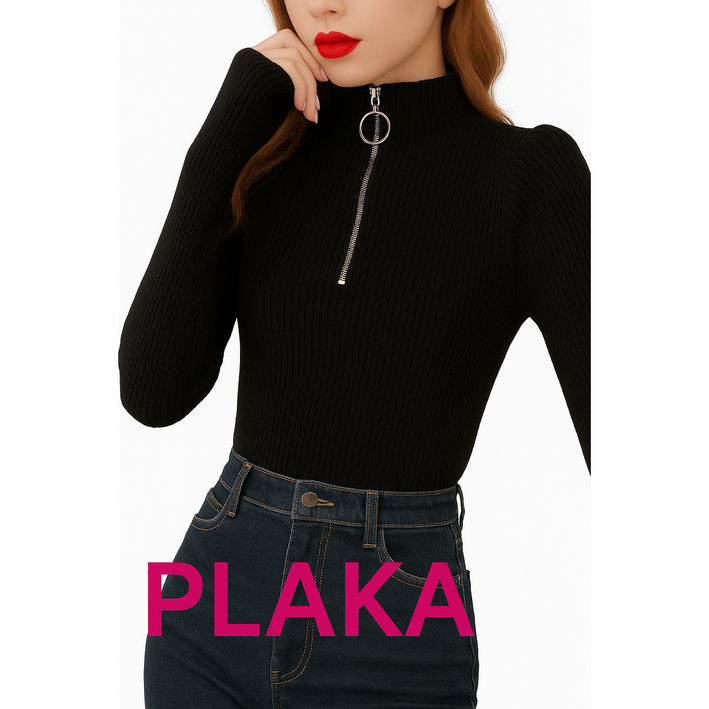 플라카 여성용 반집업 하이넥 니트 슬림핏 골지 데일리룩 겨울 기본티