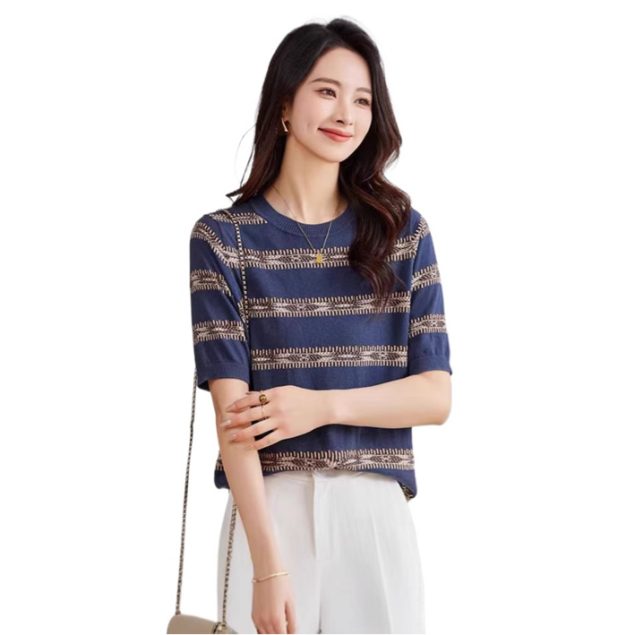 MC 여성 스트라이프 라운드넥 반팔 니트 티셔츠