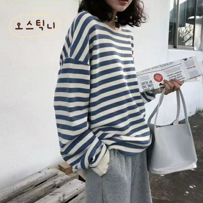 오스틱니  2025 신상 초특가 여성용 봄가을 스트라이프 루즈핏 데일리룩  라운드 긴팔 티셔츠