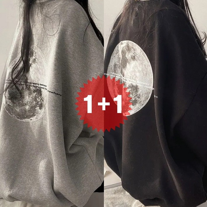 지디오 여성 루즈핏 맨투맨 2개 세트 달 백프린팅 라운드넥 긴팔 티셔츠 레터링 오버핏 긴팔티