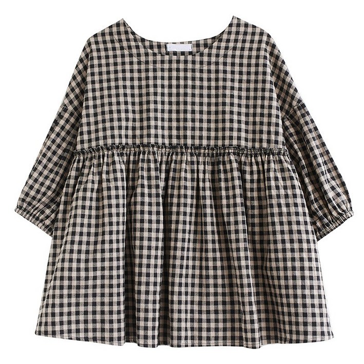 티티웍스 여성 귀여운 퍼프소매 셔링 A라인 체크 블라우스 동안룩 아방핏 신상