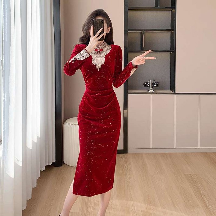 긴팔원피스 스팽글 무대의상 겨울 빅사이즈 결혼식 가을 정장 롱 여성