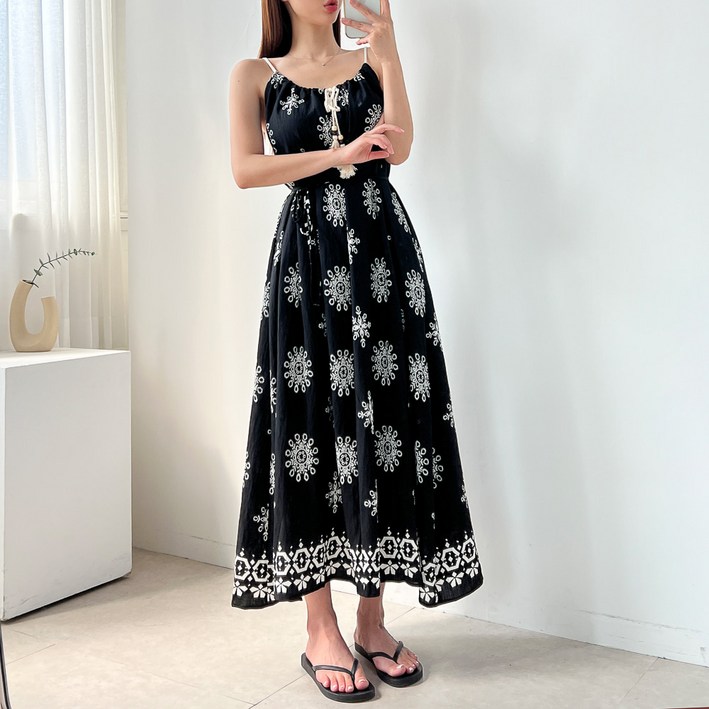 당일출고 허리끈 88 에스닉 페이즐리 테슬 바캉스 휴양지 끈 나시 맥시 롱 원피스 3color