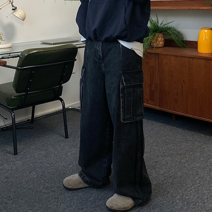 르위 트랙 와이드 카고 데님 팬츠 남녀공용