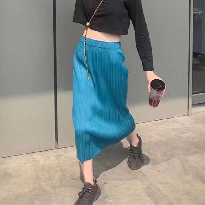 여름 하이웨이스트 주름 미디스커트 트임 스커트