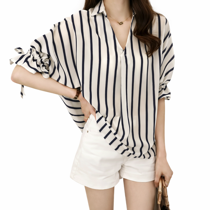 MINA STYLE 여성 여름 스트라이프 루즈핏 브이넥 반팔 블라우스 셔츠