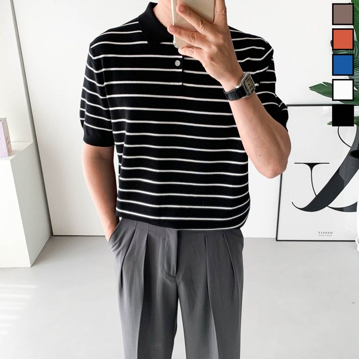프리미엄 쿨 아이스 린넨 남자 반팔 니트 스트라이프 단추 카라 여름 티셔츠