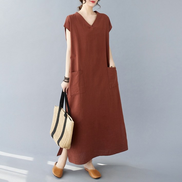 ANYOU 여성 빅사이즈 브이넥 린넨 원피스 캐주얼 루즈핏 주머니 롱 원피스