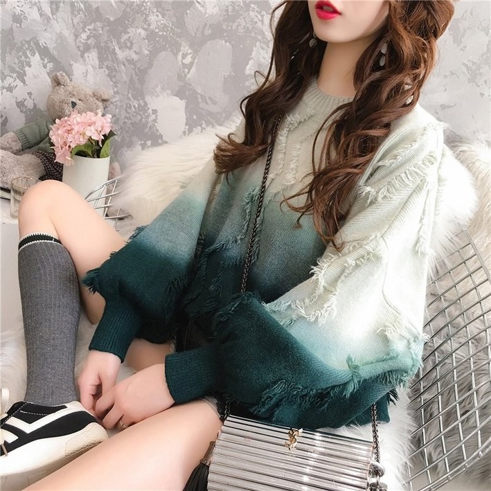 케익 여성 오버핏 그라데이션 니트 티셔츠 겨울 스웨터 티 유니크 아이템