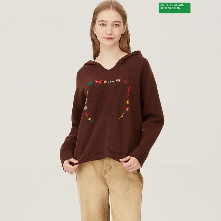 베네통 아울렛 하찌 포켓 무늬 후드 니트 BAKP71361_BR 932181