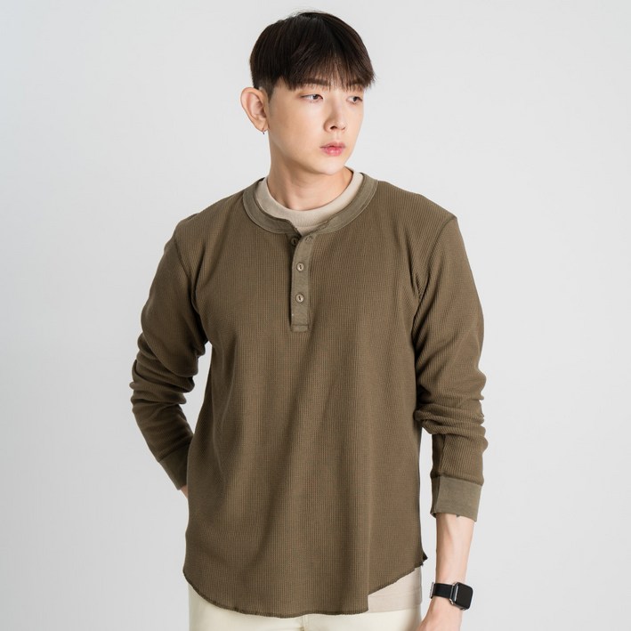 나타났다 남성용 와플 헨리넥 긴팔 티셔츠 나타났다 남성용 와플 헨리넥 긴팔 티셔츠