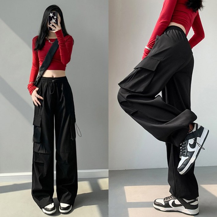 어브라운 여성 여름 와이드 밴딩 카고 바지