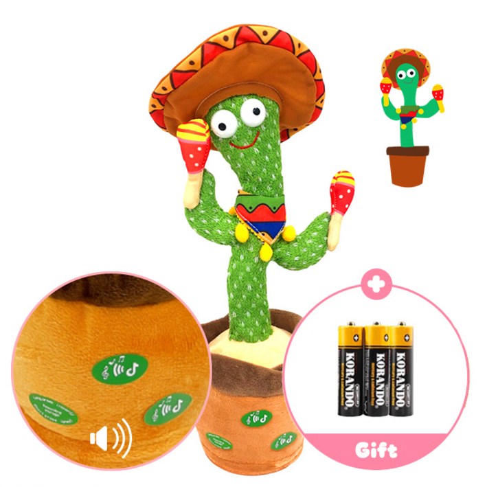 [최고품질, 당일발송] 로앤제이 말따라하는 말하는 노래하는 선인장 인형 장난감 건전지타입