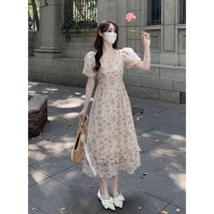 ANYOU 여름원피스 롱원피스 스퀘어 넥 허리 플라워 원피스