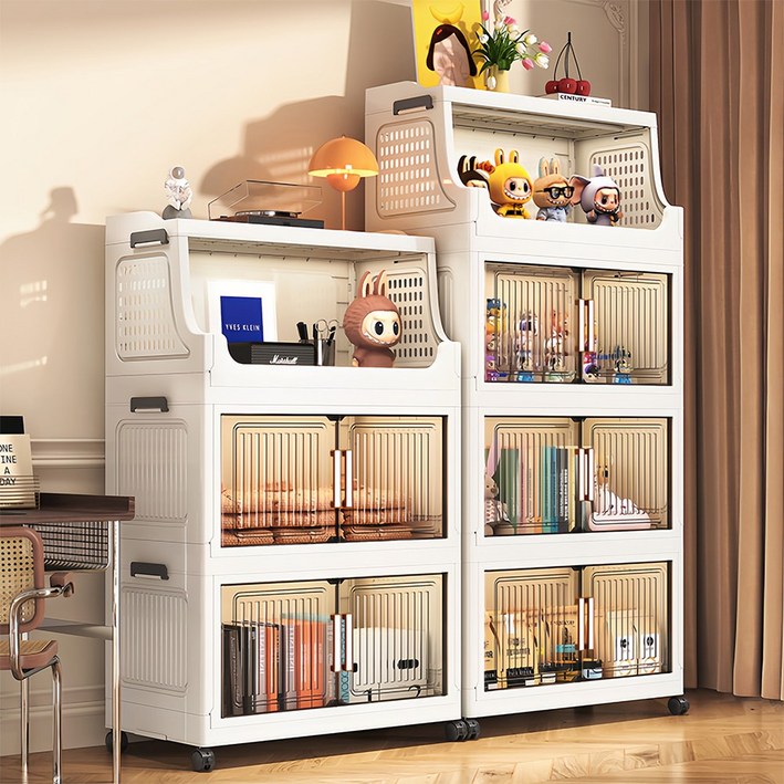 접이식 수납장 이동식 오픈형 다층 폴딩 수납함 플라스틱 투명문 정리함 조립필요없는 수납장