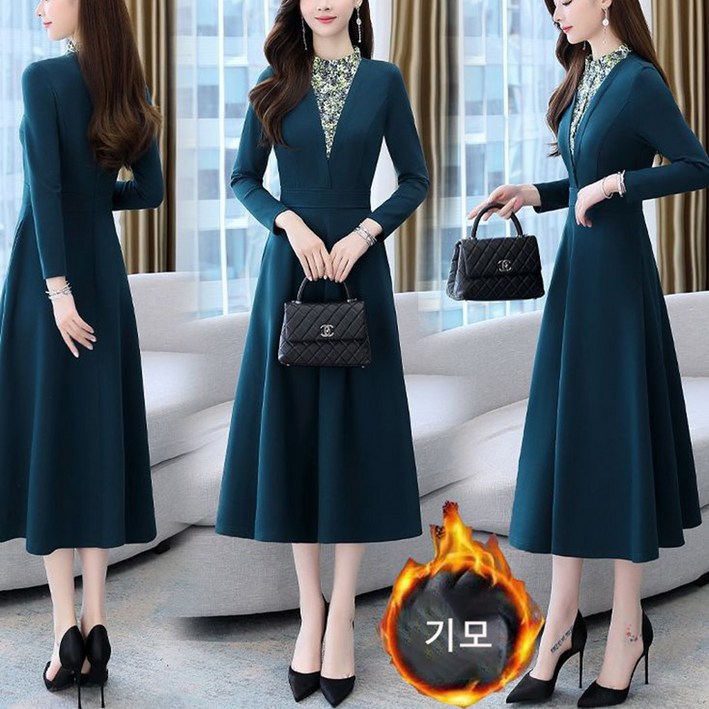 삼제태전 중년 여성 가을 겨울 기모 원피스 캐주얼 A라인 드레스