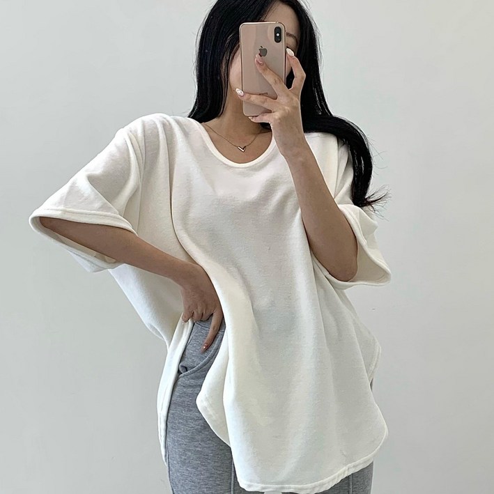 투디 여리핏 벨벳 벨로아 루즈핏 밑단 굴림 트임 반팔티셔츠 박스티 빅사이즈 겨울반팔티 국내제작 데일리룩, 3컬러