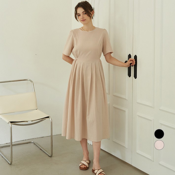 ELLE PARIS 여성용 린넨라이크 플레어 반팔 원피스