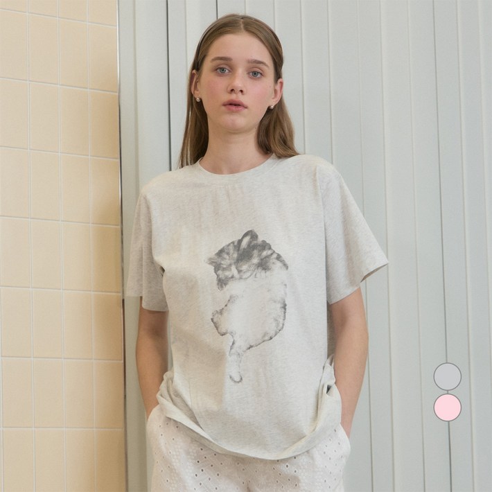 쥬시쥬디 여성용 통기성 캣그래픽 오버핏 면 티셔츠 JZTS321S