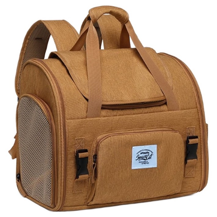 스페이스캣 반려동물 3면통풍 가로백팩형 이동가방, 라이트브라운, 1개