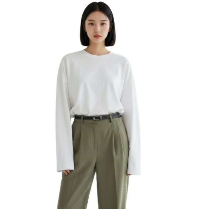 마켓피아 여성용 오버핏 라운드넥 옆트임 긴팔 티셔츠