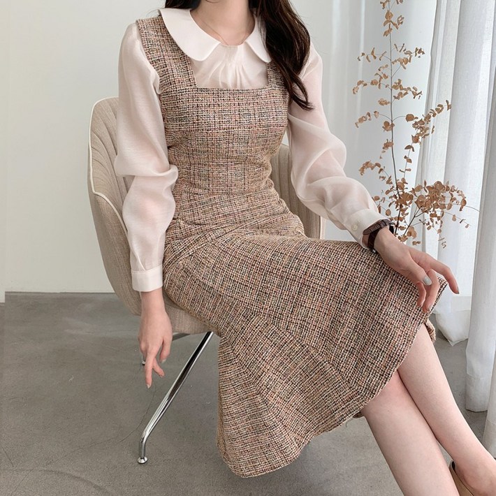 아이엠몽 여성용 네르쏘 트위드 머메이드라인 뷔스티에 원피스